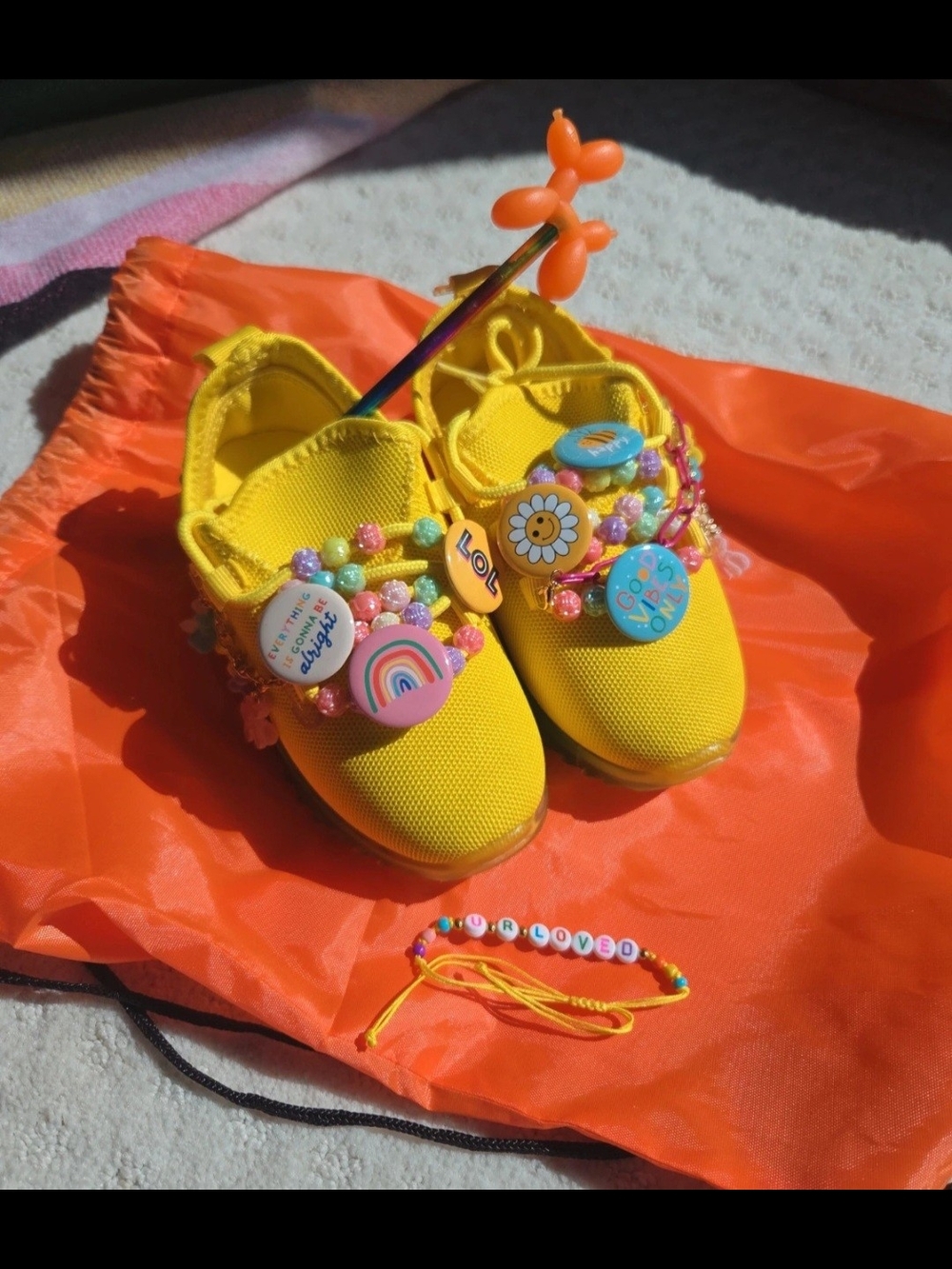 Bright Yellow Kids Slip-On Sneakers with Beaded Charm Accents